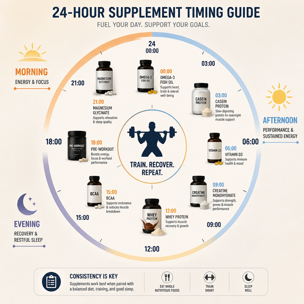 Supplement timing guide showing optimal intake windows throughout a 24-hour training day