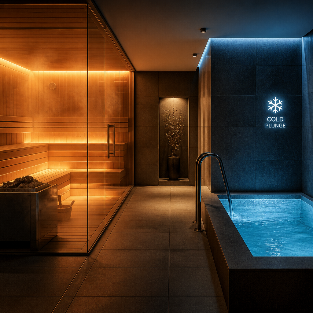 Terapia de contraste: sauna e banho de gelo em ambiente moderno de bem-estar