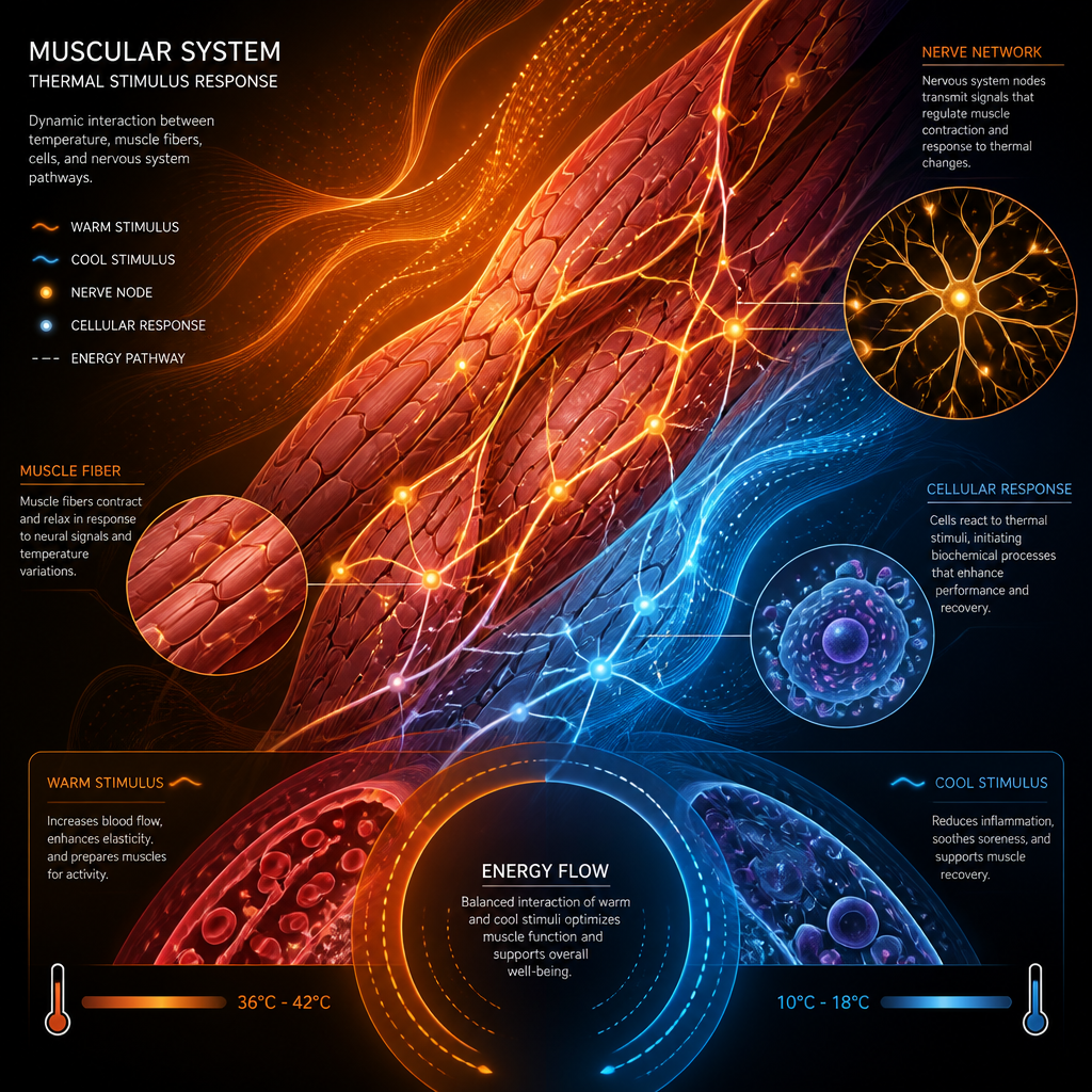 Visualização científica do sistema muscular e nervoso respondendo à terapia de contraste