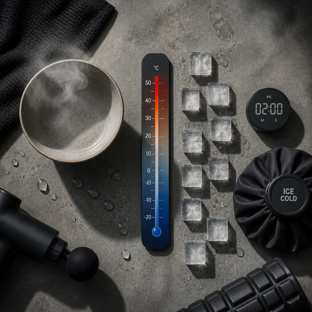 Composição flatlay editorial com elementos de terapia de contraste: calor, frio e recuperação