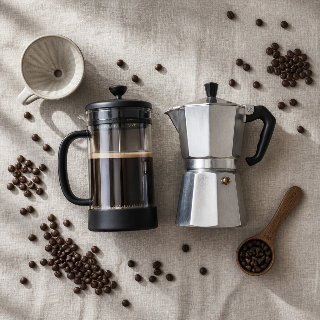 French press and moka pot brewing equipment with dark roast coffee beans arranged for comparison