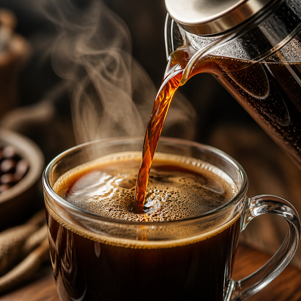 Dark roast coffee pouring from French press into glass mug with visible oils and steam