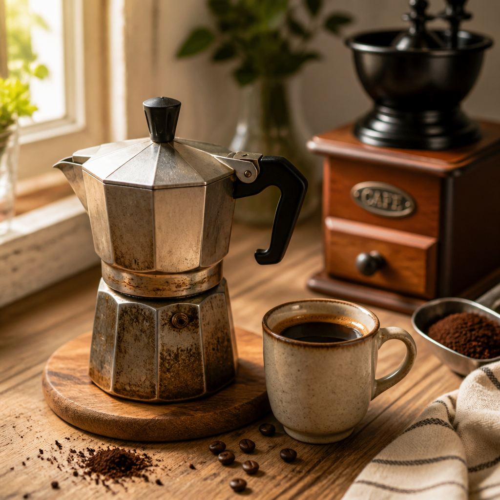 Moka pot with freshly brewed espresso-style dark roast coffee on rustic kitchen counter in natural morning light