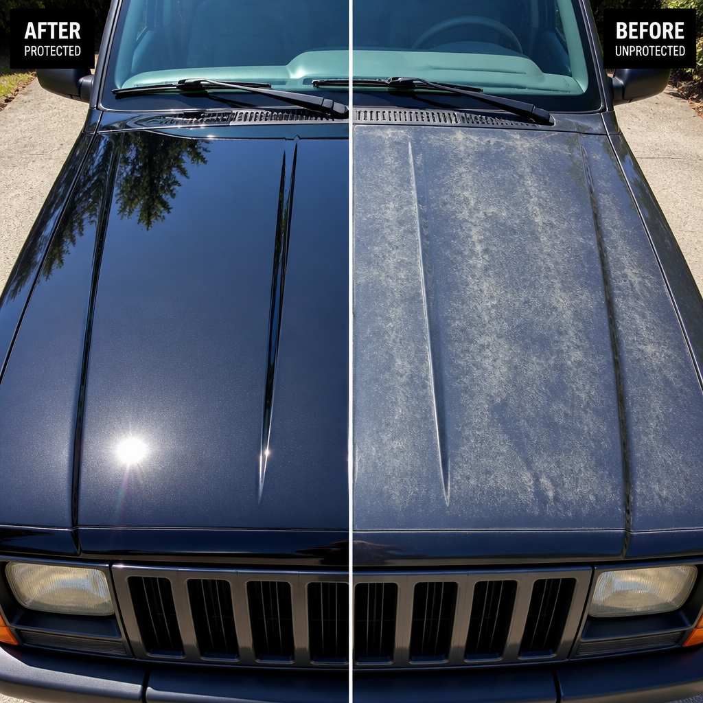 Side-by-side comparison of protected versus UV-damaged car paint finishes