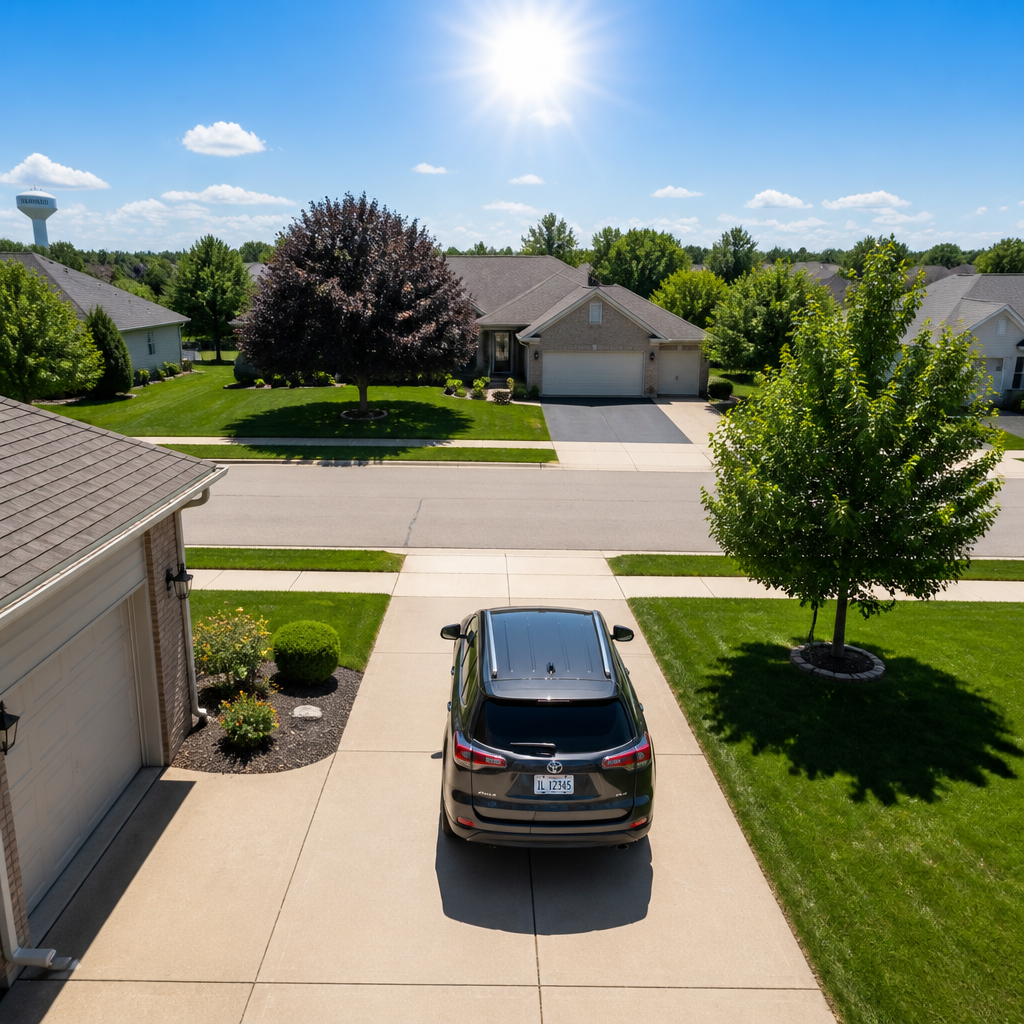 Suburban driveway in intense summer sunlight demonstrating UV exposure risk