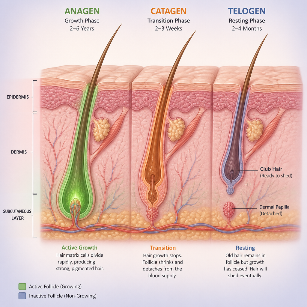 Scientific diagram showing hair growth cycles and follicle phases