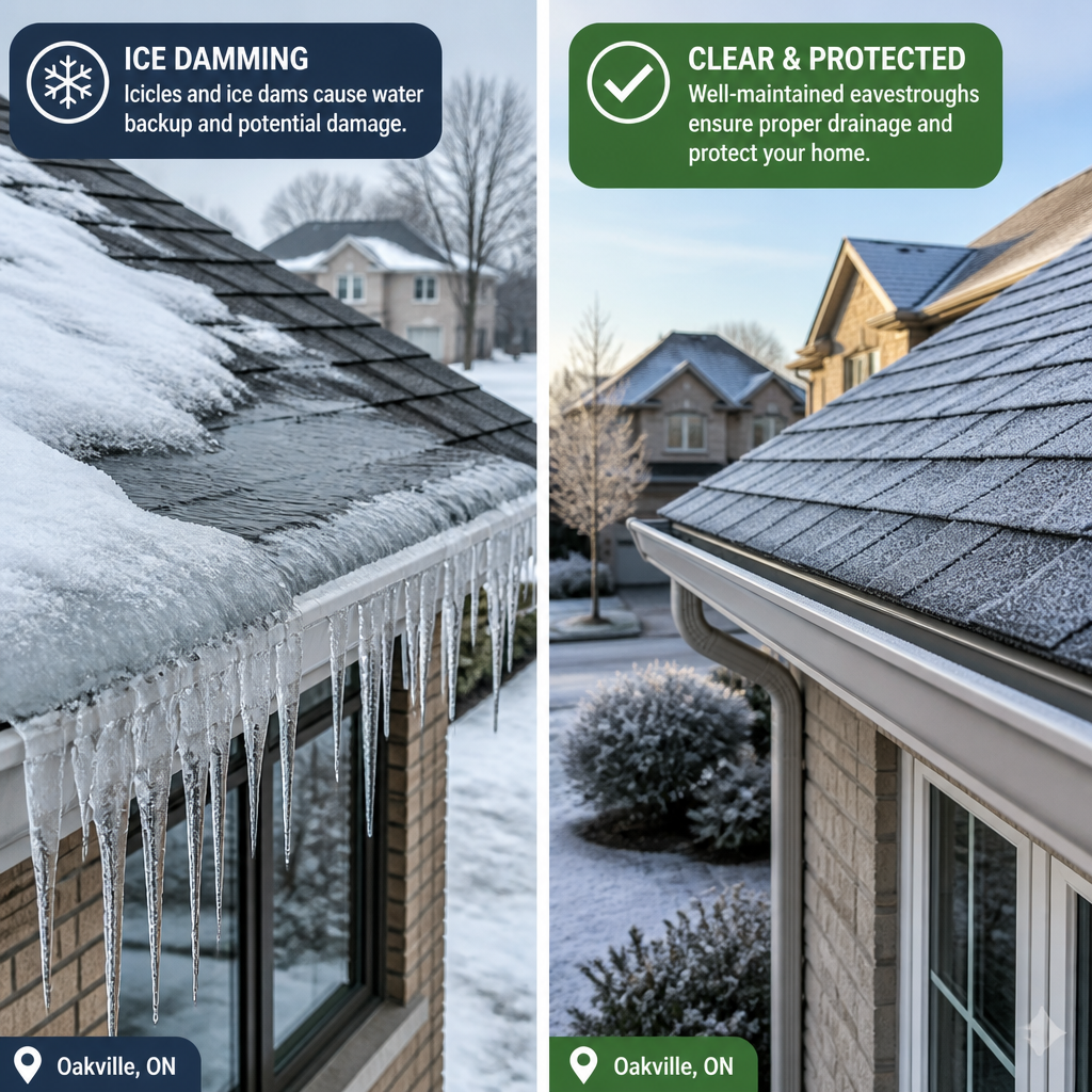 Before and after comparison of eavestrough damage from ice dams versus properly maintained gutters