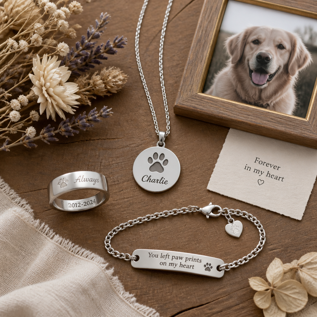 Assortment of pet memorial jewelry pieces and keepsakes arranged in flat lay composition