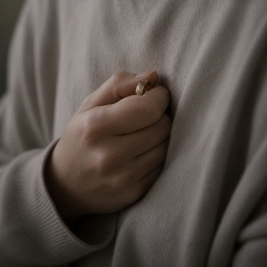 Hands holding a memorial ring in gesture of comfort and remembrance