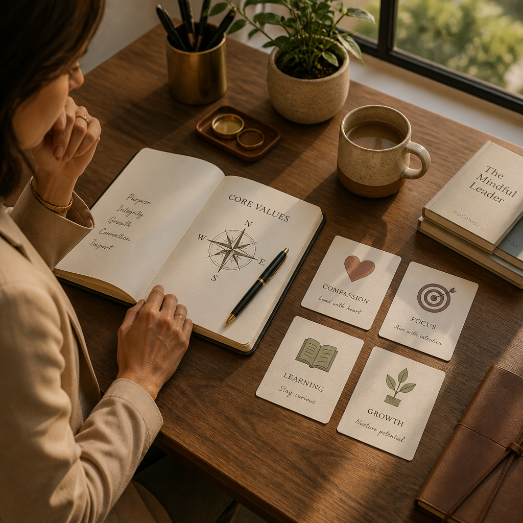 Minimalist desk setup with journal and value-symbol cards in natural light