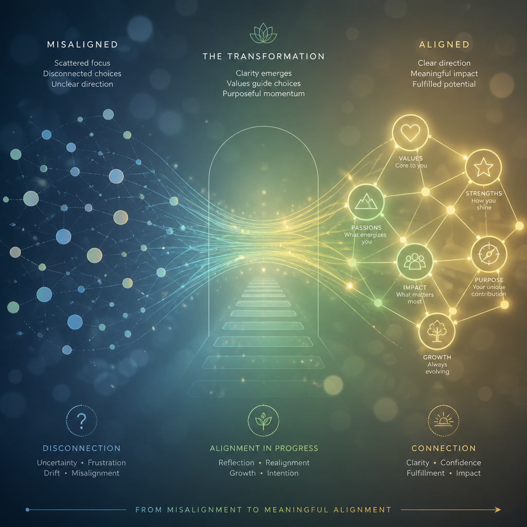 Abstract network visualization showing alignment transformation from disconnected to connected states