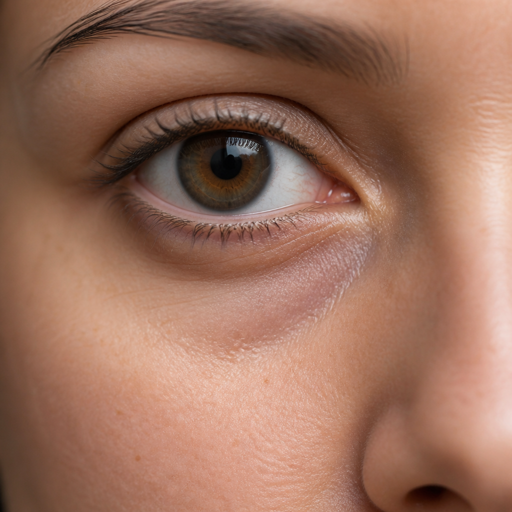 Detailed close-up of under-eye tear trough anatomy showing hollows and shadows