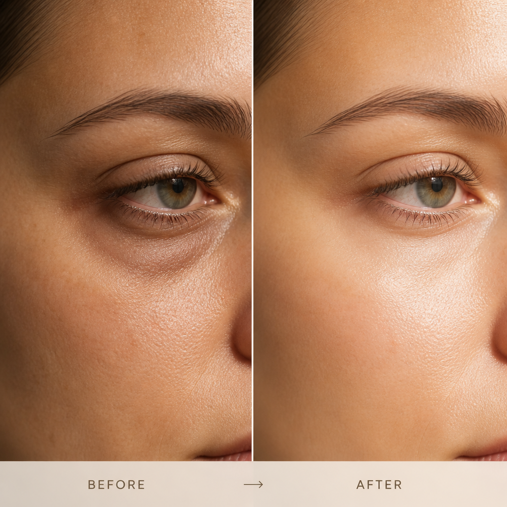 Split-screen comparison showing tired versus refreshed under-eye appearance