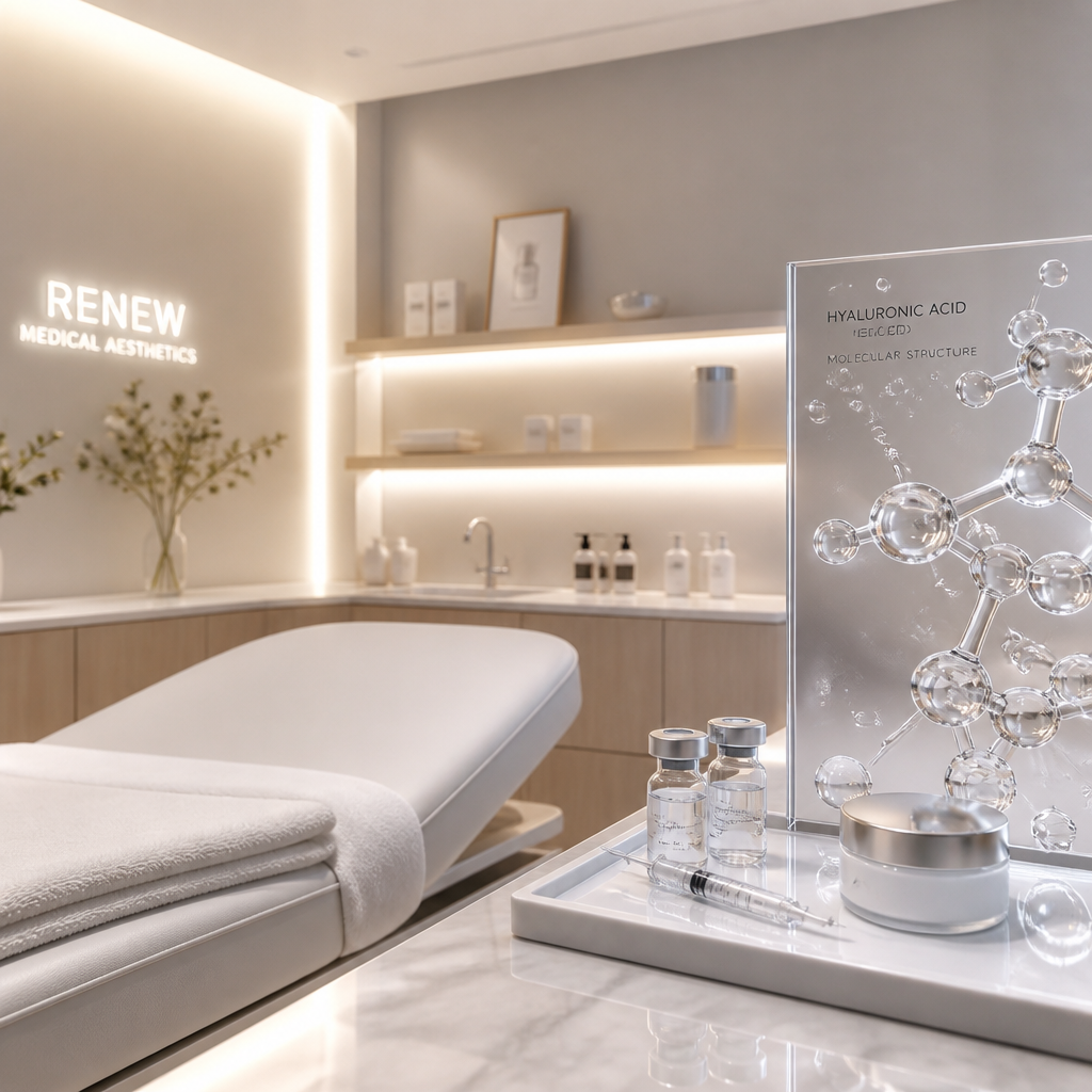 Modern medispa treatment room environment with aesthetic skincare products and serene lighting