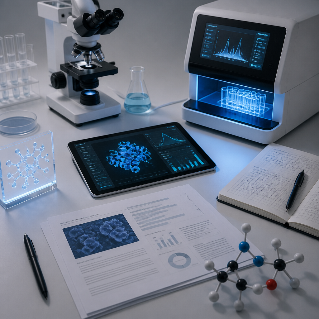 Contemporary research laboratory workspace with scientific instruments and data visualization