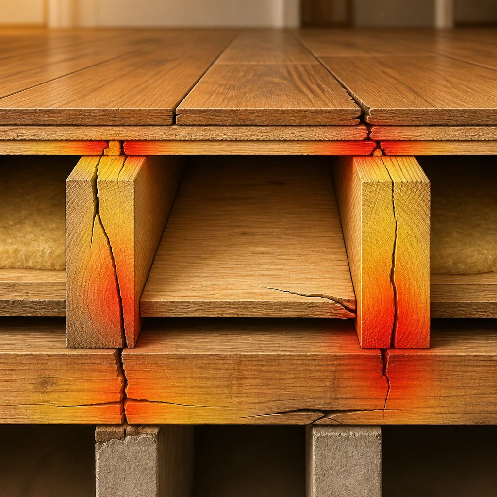 Cross-section view of floor structural damage showing cracks and separation in wooden components