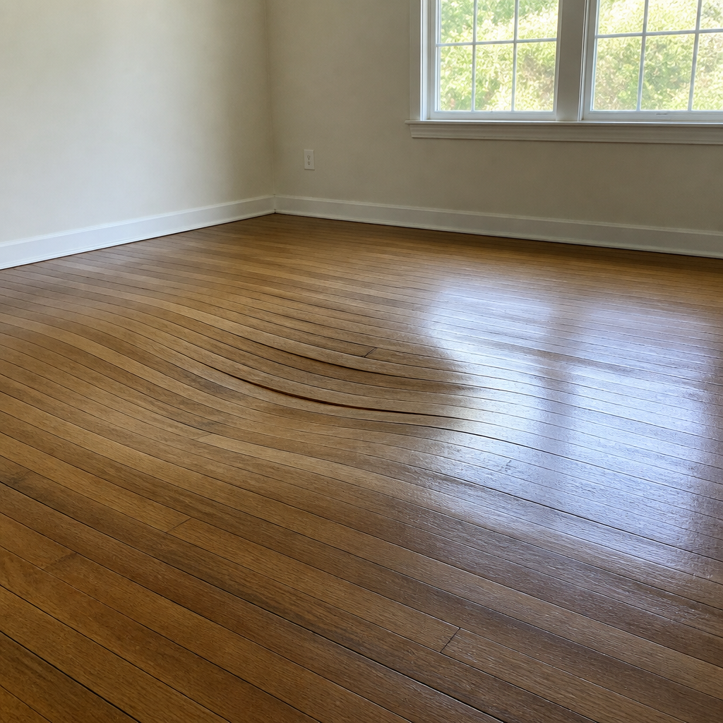 Uneven wooden floor with visible sagging and depression in the surface