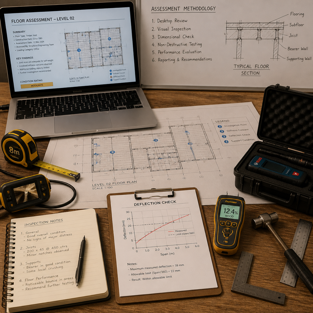 Professional diagnostic tools and blueprints arranged for structural floor assessment