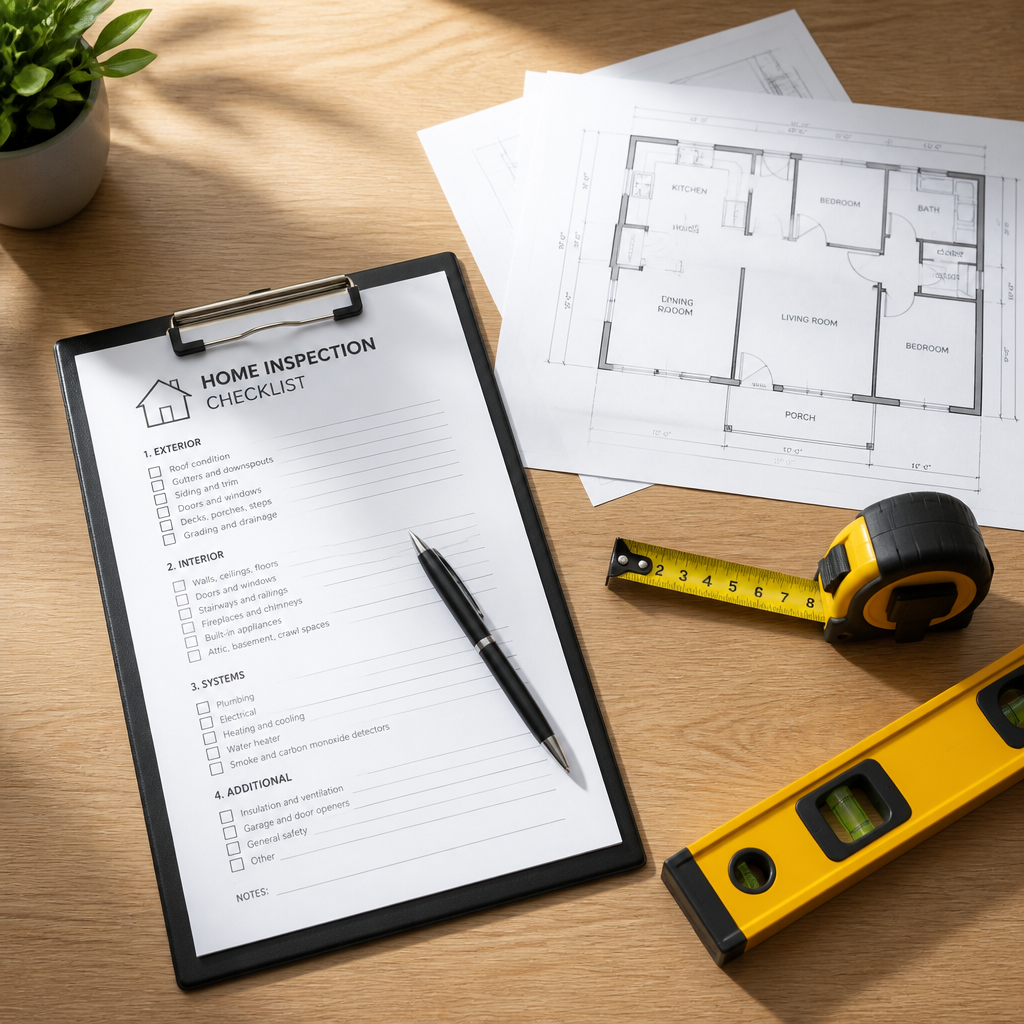 Home inspection documents and tools arranged on a desk with checklist and architectural plans