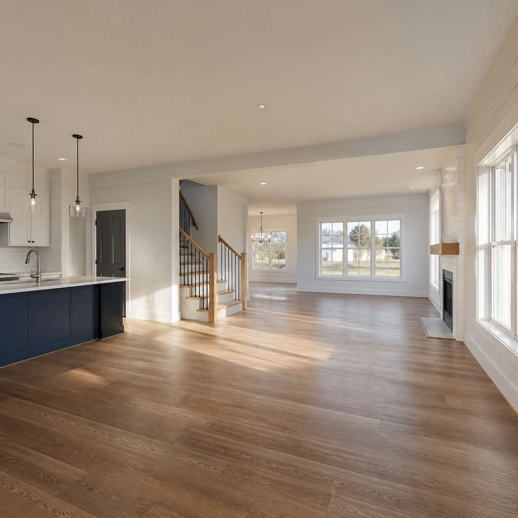 Empty newly constructed home interior with white walls and natural daylight