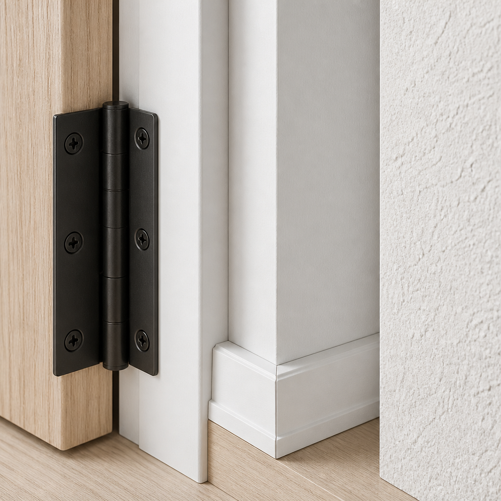 Detail shots of construction elements including door hinges and wall trim quality
