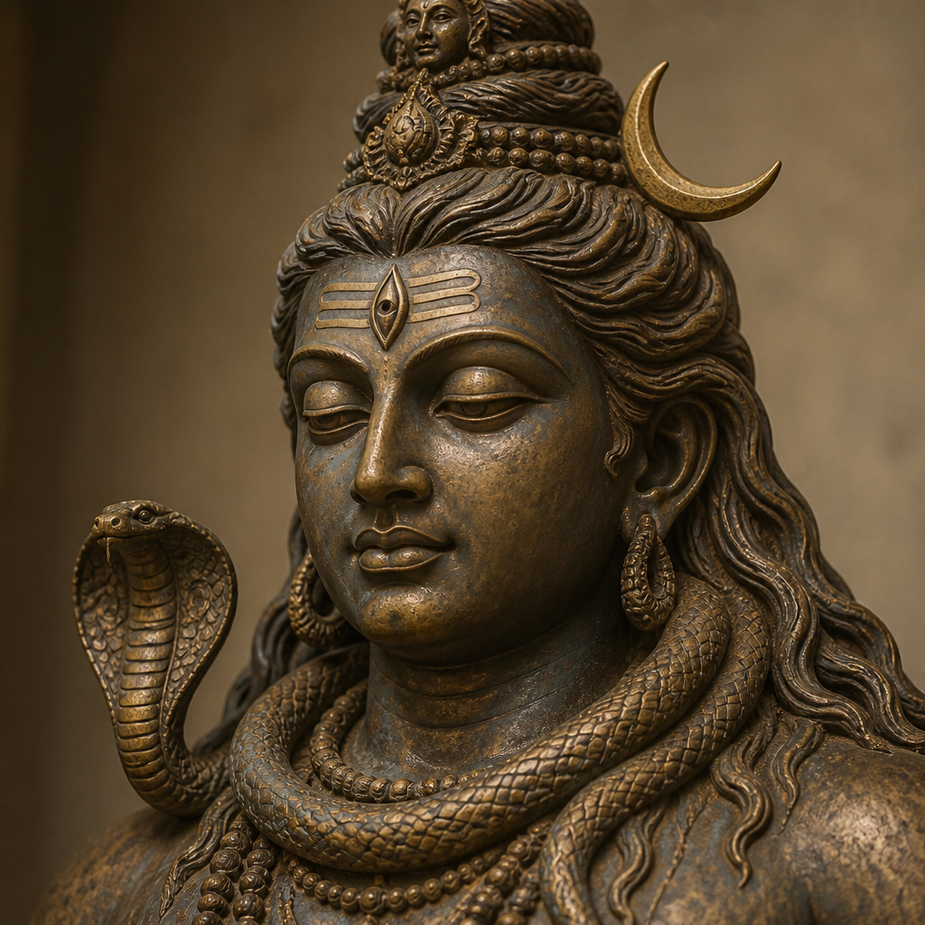 Detailed view of Shiva statue showing third eye, crescent moon, and serpent symbolism with museum lighting
