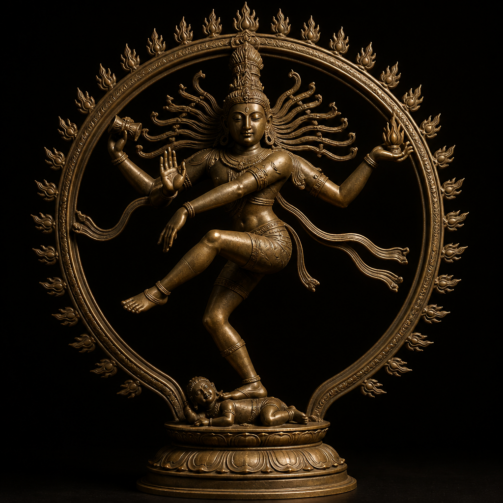 Nataraja statue in cosmic dance pose framed by ring of fire with dramatic lighting