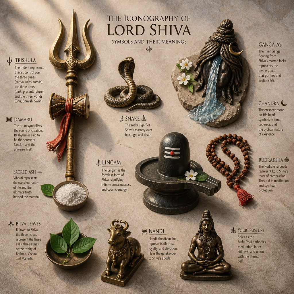 Collection of Shiva iconographic symbols including trishula and sacred objects arranged as educational reference