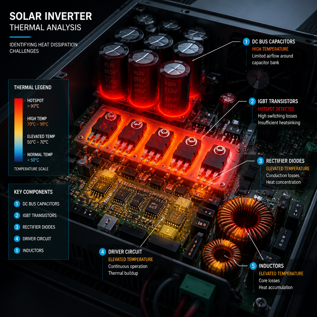 Close-up of solar inverter circuit board showing thermal heat zones and internal components