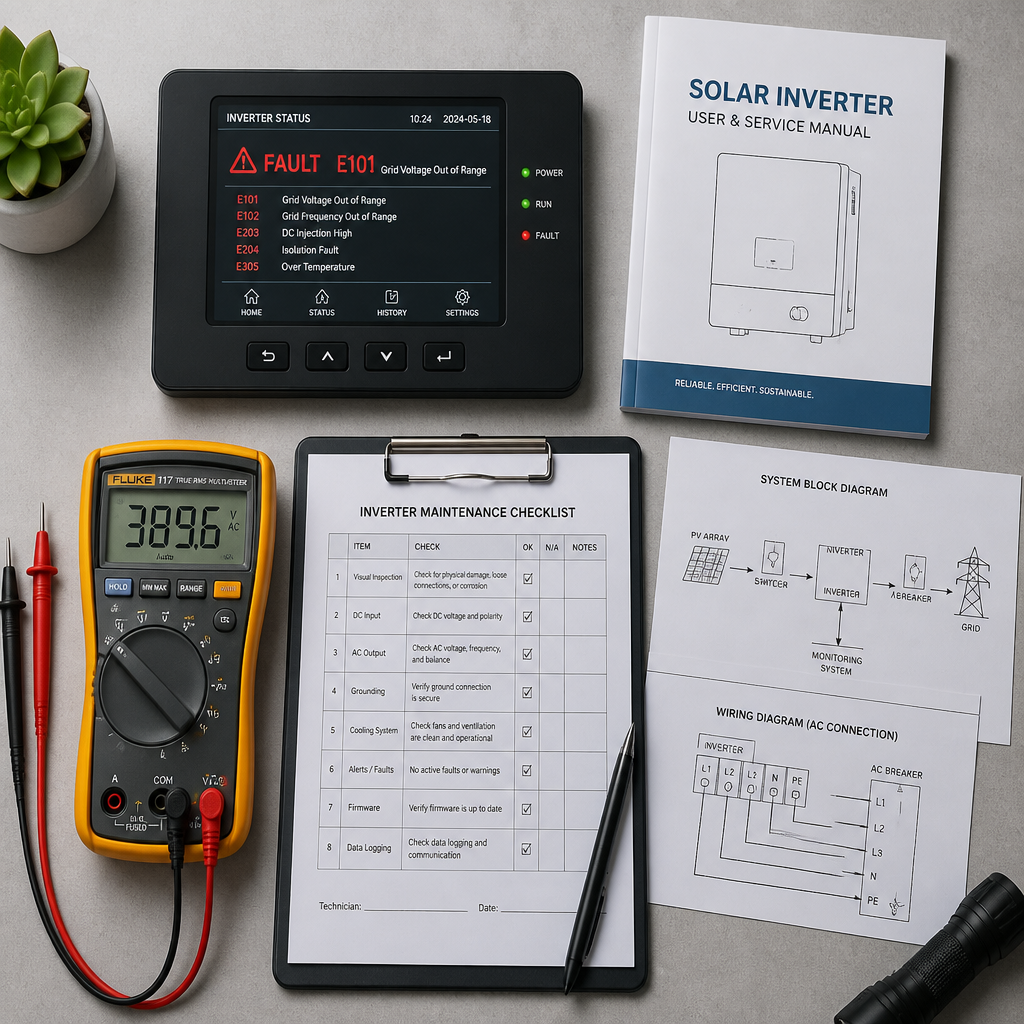 Troubleshooting tools and fault code documentation for solar inverter diagnostics