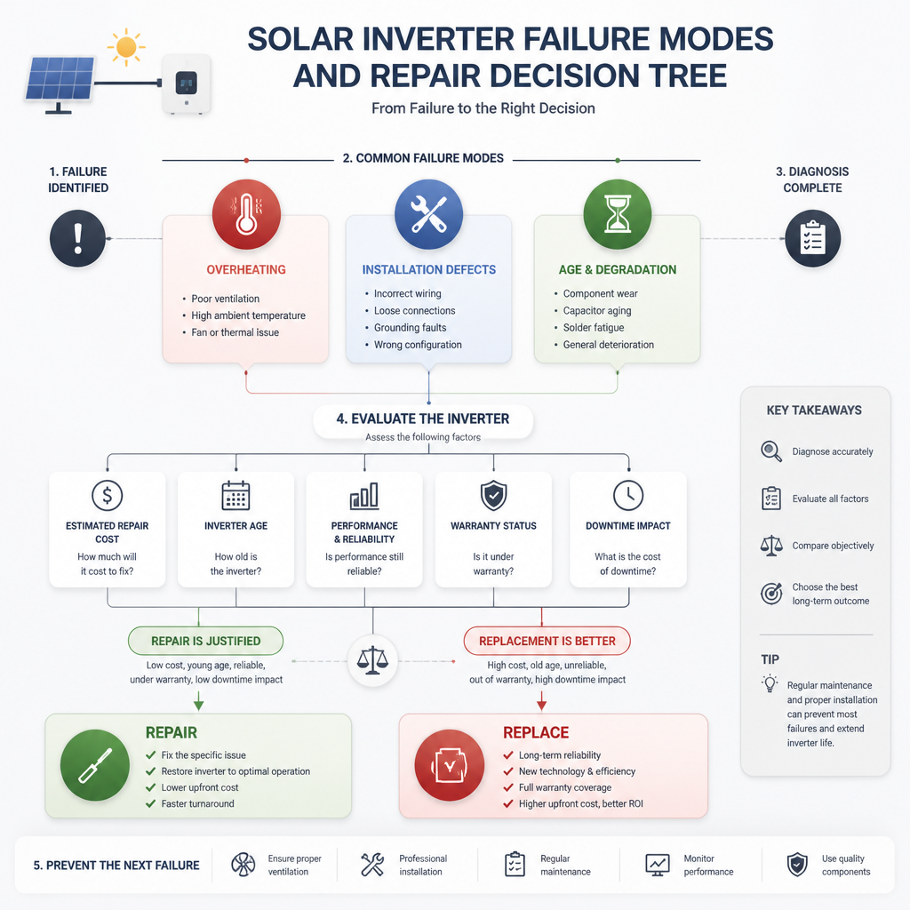 Visual flowchart comparing solar inverter failure causes and repair versus replacement decisions