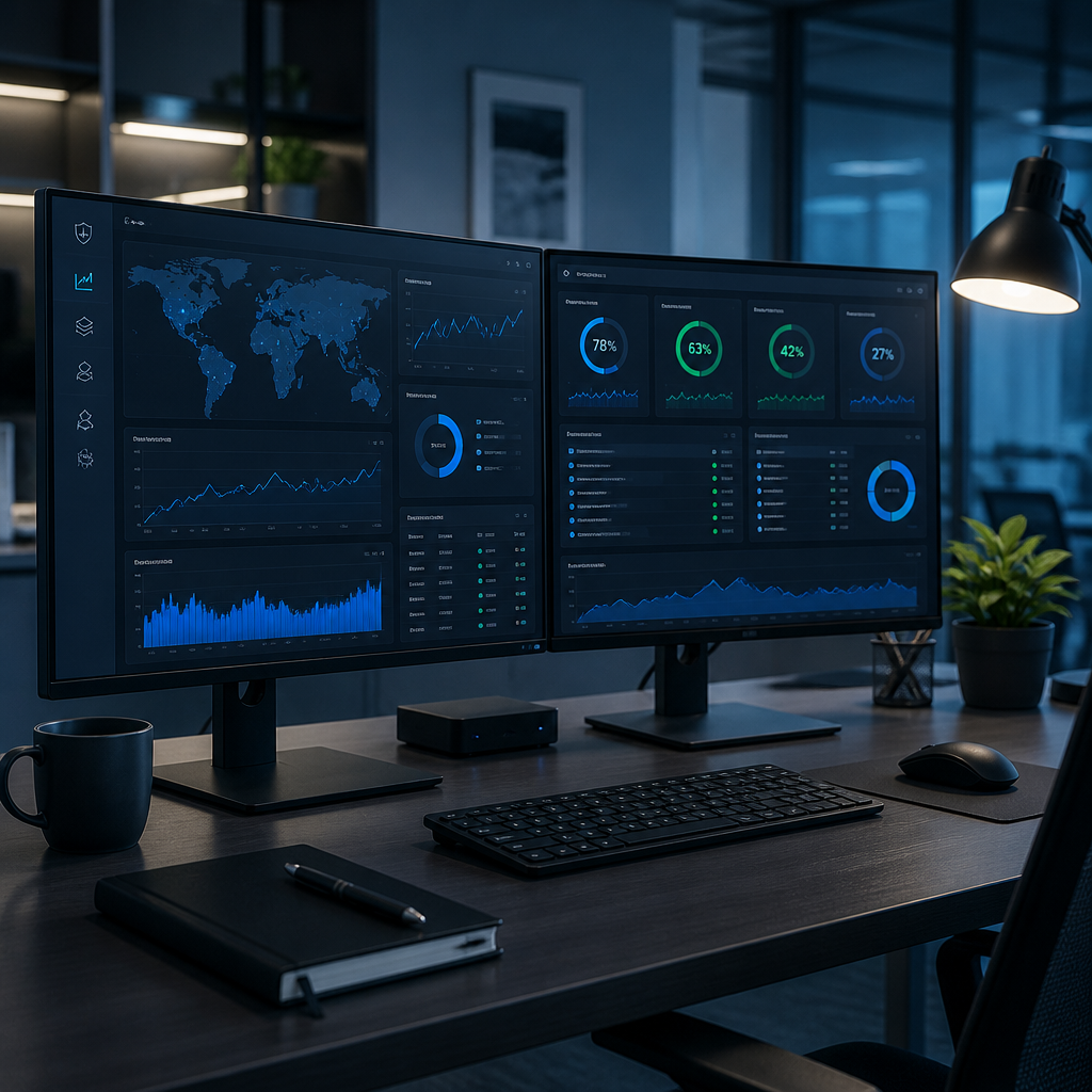 Tech dashboard displaying security monitoring and system health metrics on dual monitors