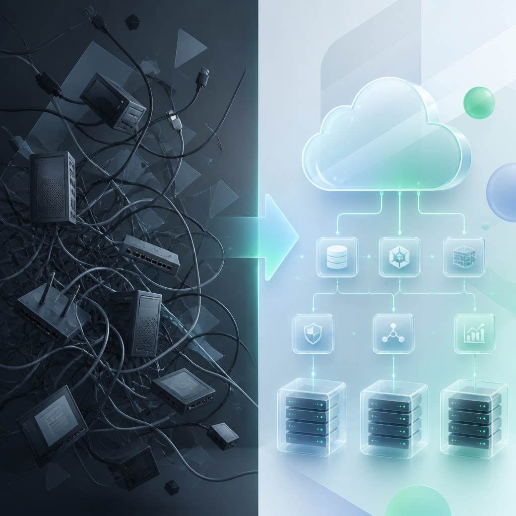 Visual contrast between chaotic legacy IT systems and organized cloud infrastructure