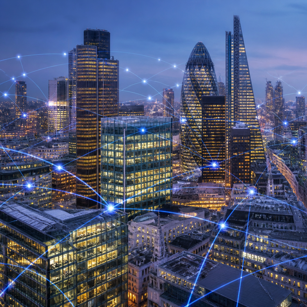 London business district skyline with digital network visualization overlay