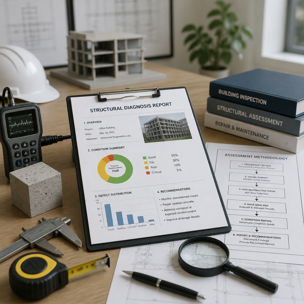 Espace de travail technique avec outils de diagnostic et documents d'évaluation structurelle