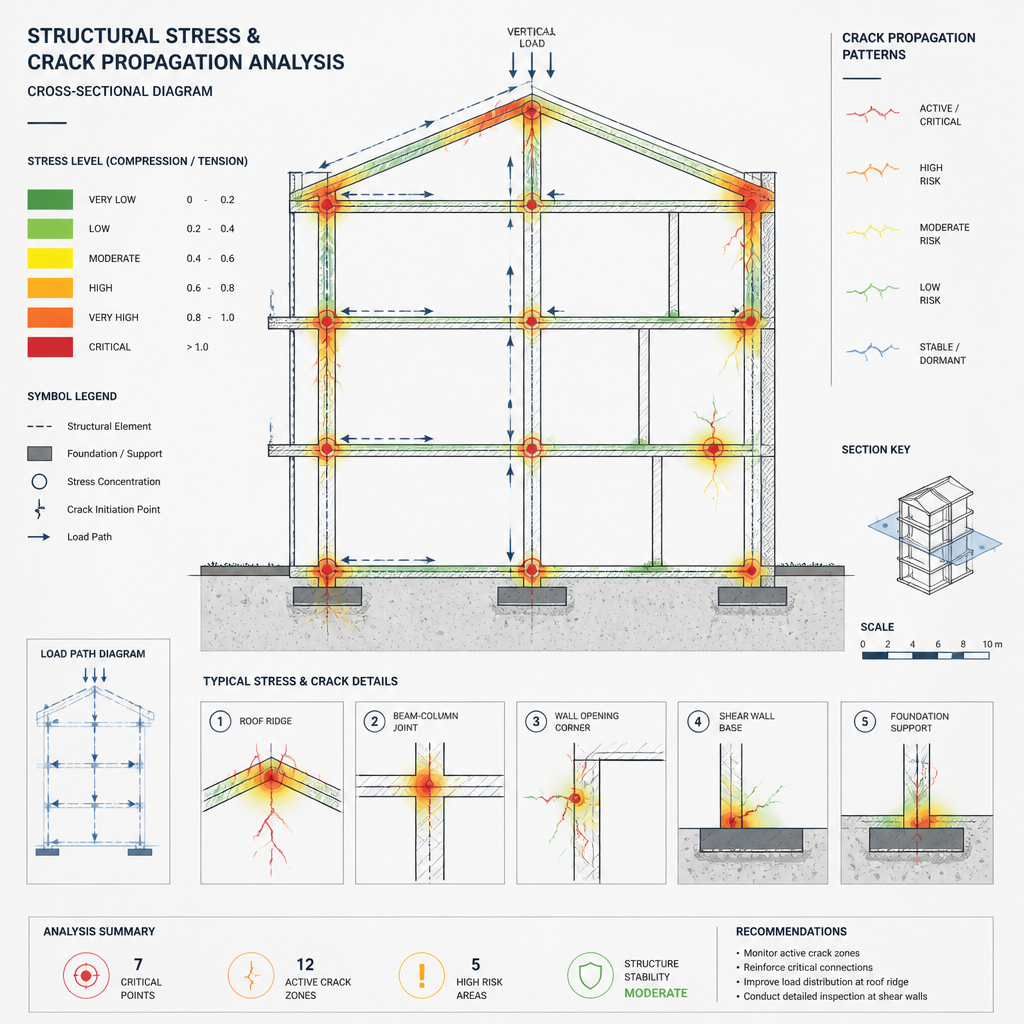 Diagramme scientifique montrant les zones de stress et la propagation des fissures dans une structure bâtiment