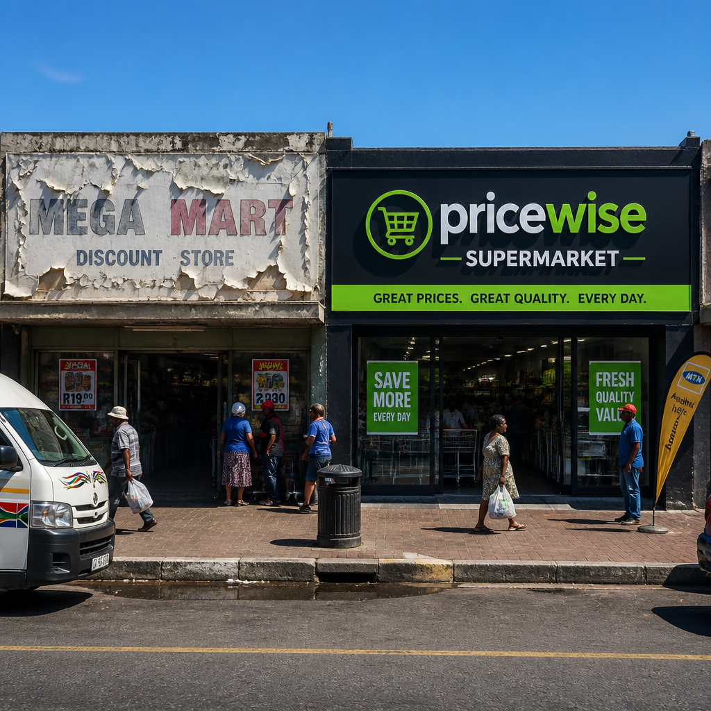 Retail strip comparison: faded, deteriorating business signage on the left versus well-maintained signage on the right