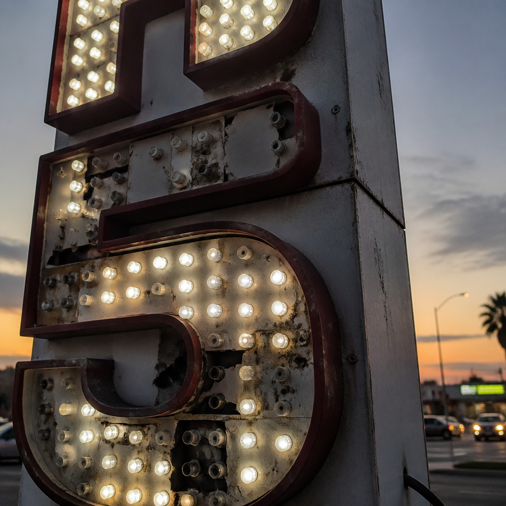 Close-up of damaged channel letter signage with burned-out LED modules and failed lighting elements