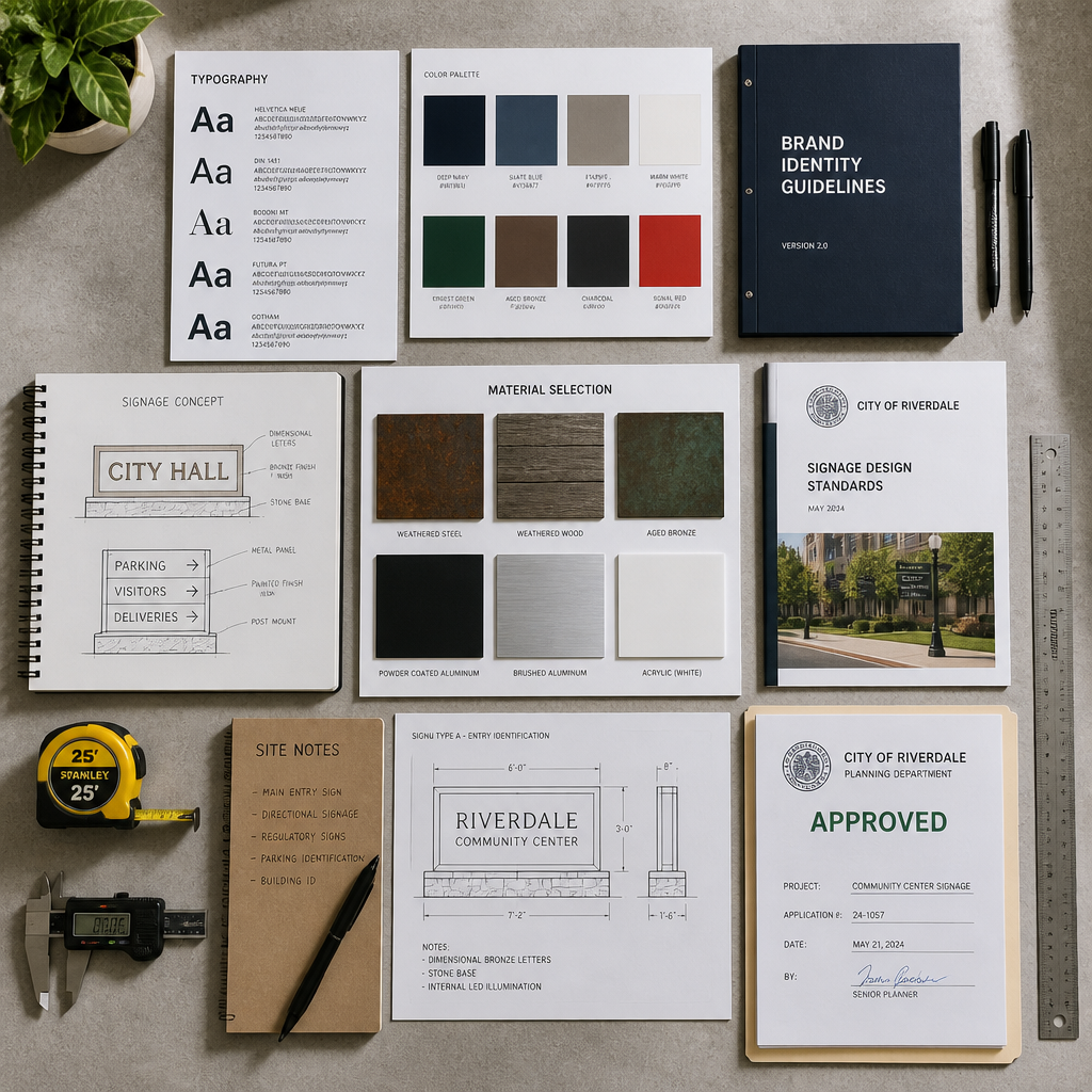 Design workspace showing signage planning elements: typography samples, color swatches, corporate guidelines, material samples, and municipal documents