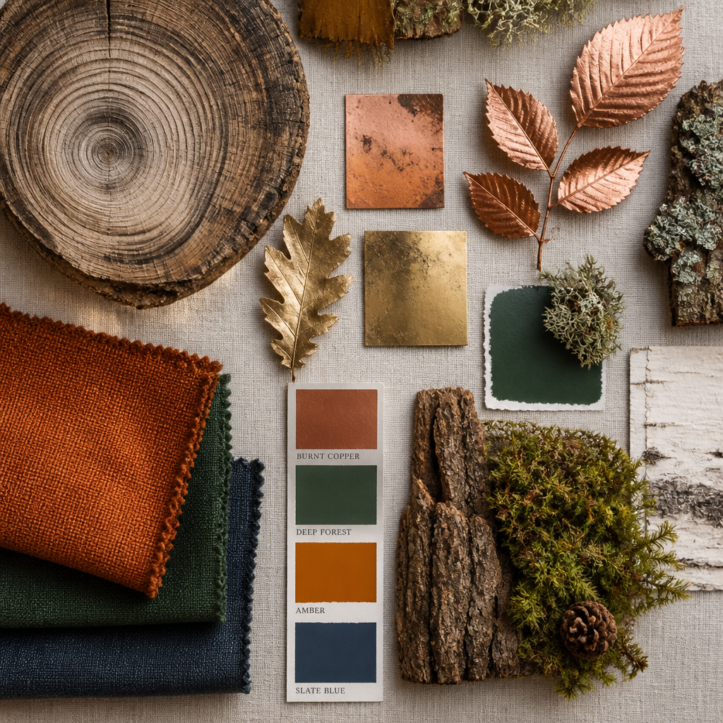 Flat lay of autumn Dalarna design materials and color palette
