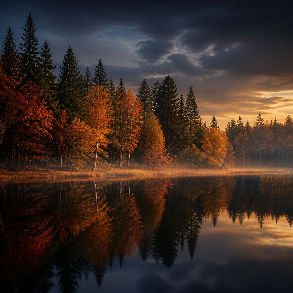 Autumn forest landscape in Dalarna with lake and dramatic sky