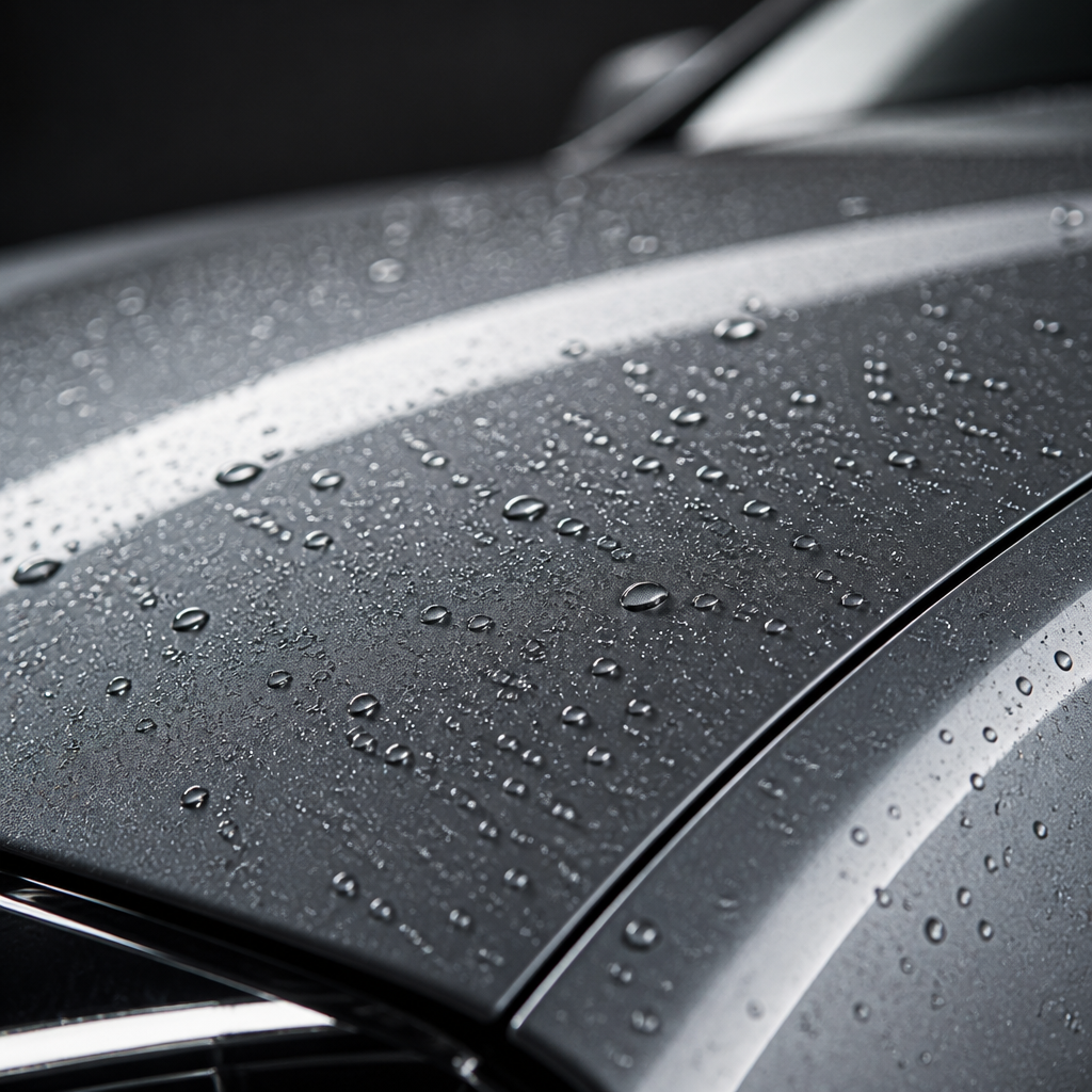 Close-up of car hood with water beading on ceramic coating