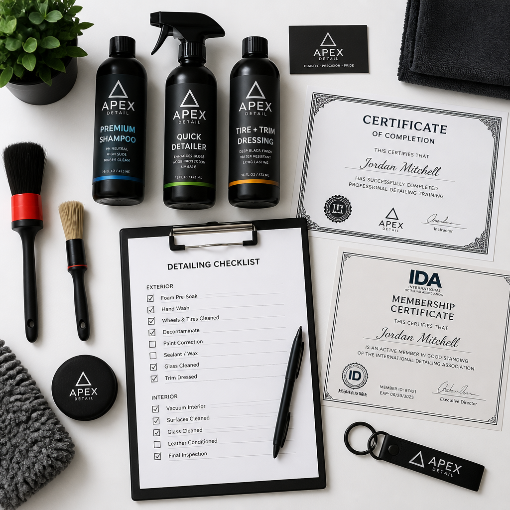 Professional detailing workspace with tools and certification documents