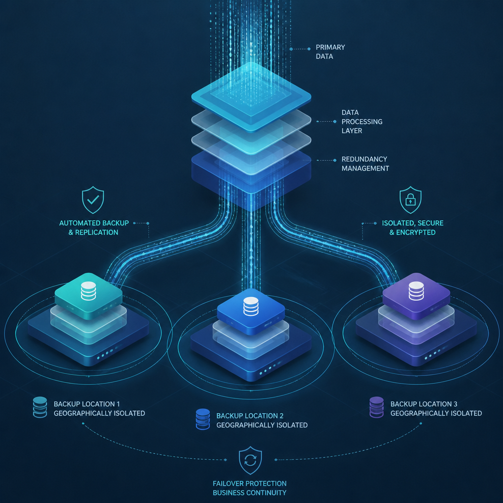 Lagdelt backup-strategi visualiseret som strømmende data til multiple sikre opbevaringspunkter