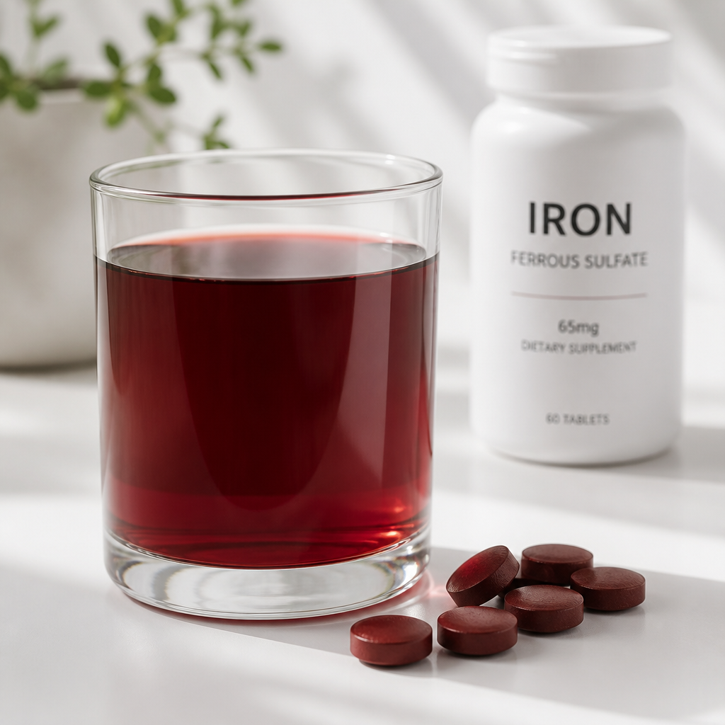 Iron supplement tablets next to a glass of red liquid on a white surface