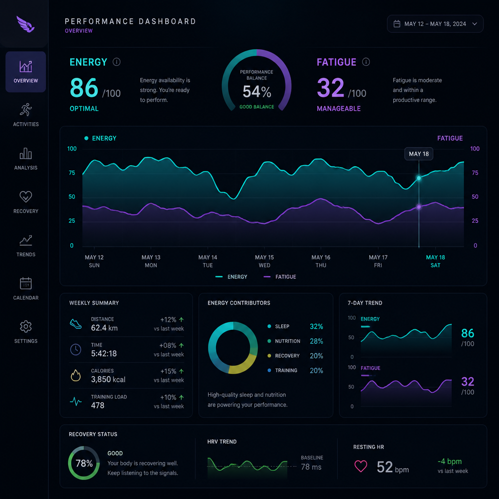 Performance metrics and energy data visualization for athletes
