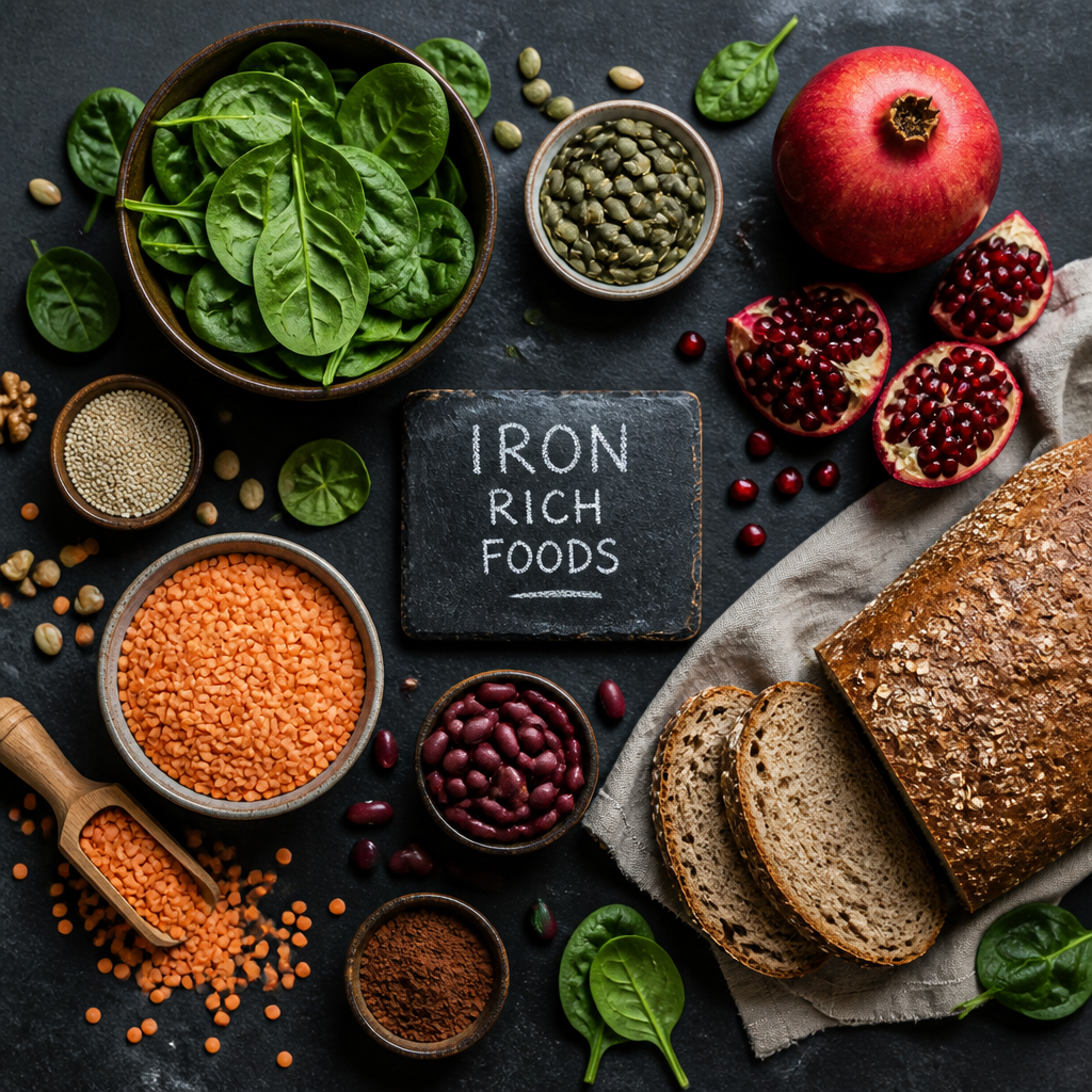 Iron-rich foods including spinach, lentils, and seeds arranged on a slate surface