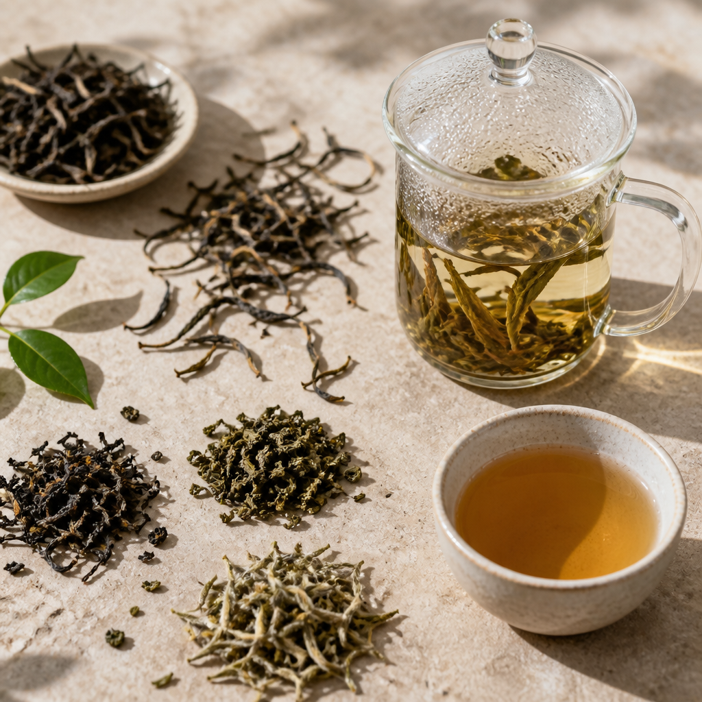 Loose leaf tea at different stages of brewing, from dried leaves to steeped cup