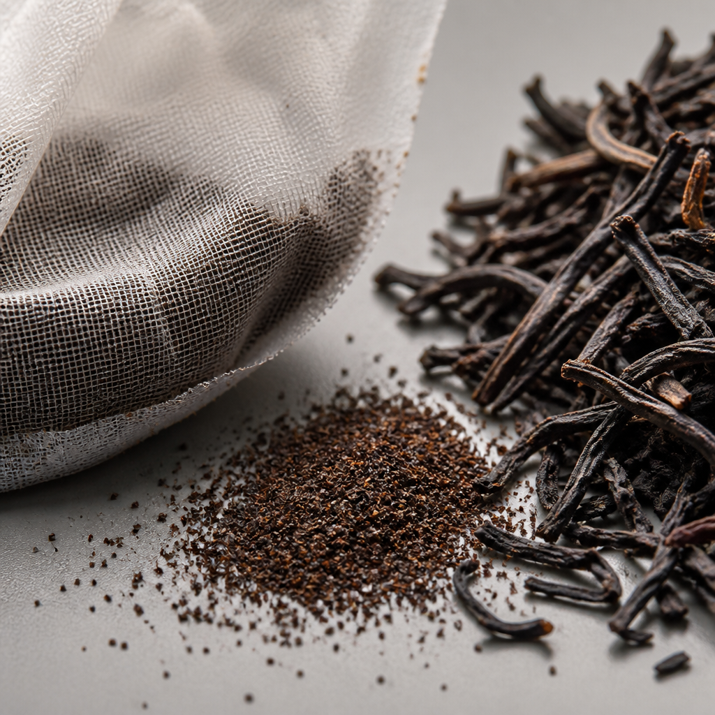 Detailed comparison of tea bag particles and whole loose leaves side by side