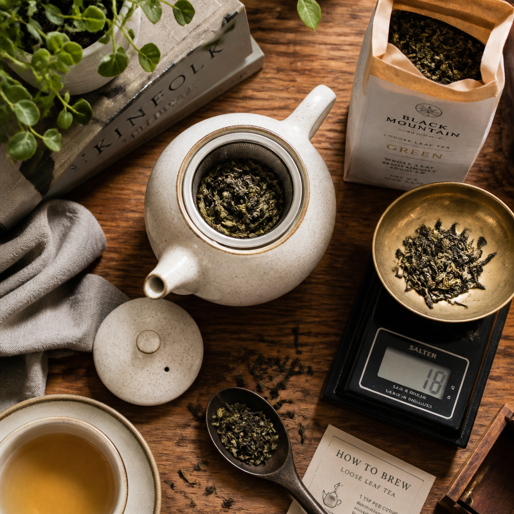 Tea brewing essentials and loose leaf tea preparation on a wooden surface